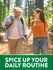 Middle-aged couple hiking in a forest, holding hands and smiling with turmeric.