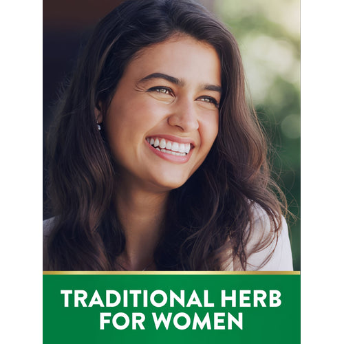 A smiling young woman with a green banner that reads 'TRADITIONAL HERB FOR WOMEN'.