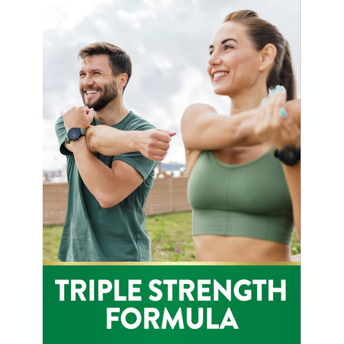 Young adult man and woman stretching outdoors with a green banner that reads TRIPLE STRENGTH FORMULA.