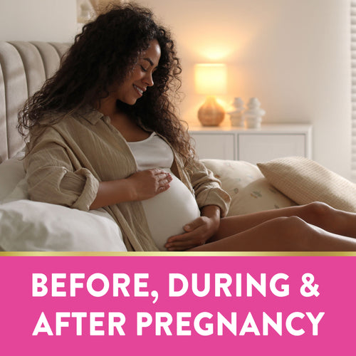 Pregnant woman smiling on bed, holding her belly, for Prenatal Vits & Minerals. Text: BEFORE, DURING & AFTER PREGNANCY.