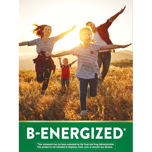 A family with adults, a girl, and a toddler boy runs in a sunny field with a 'B-ENERGIZED*' banner.