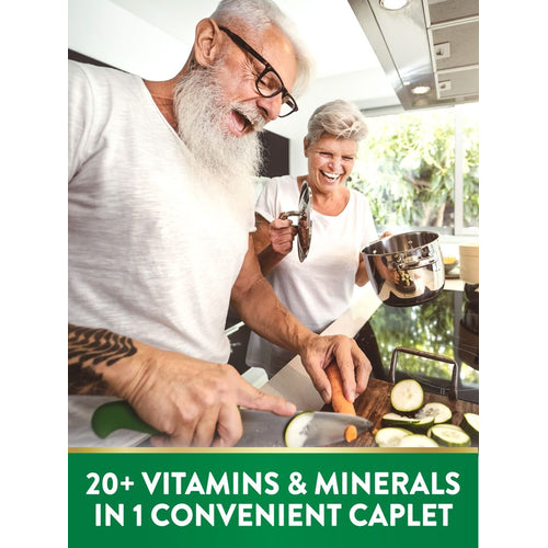 Banner reads: '20+ VITAMINS & MINERALS IN 1 CONVENIENT CAPLET' for Senior Multi.