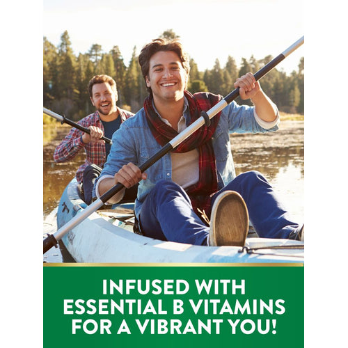 Two young men canoeing on a lake. Green banner text: INFUSED WITH ESSENTIAL B VITAMINS FOR A VIBRANT YOU!