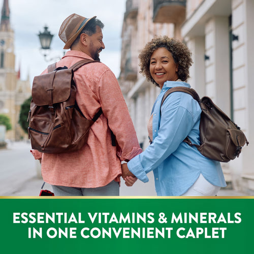 Middle-aged man and woman walking with ABC Complete Multi. Graphic states 'ESSENTIAL VITAMINS & MINERALS IN ONE CONVENIENT CAPLET'.