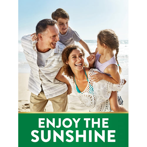 A family of four, two adults and two children, laughing and playing on a sunny beach, with 'ENJOY THE SUNSHINE' text.