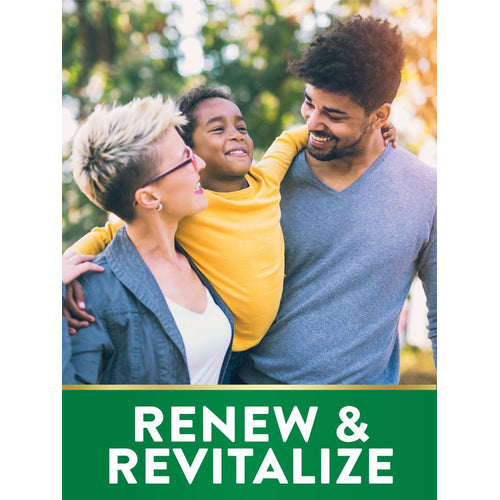 A woman, young boy, and man smiling and embracing outdoors with 'RENEW & REVITALIZE' text for Korean Ginseng product.