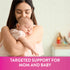Young mother gently holds her sleeping baby. Graphic text reads: 'Targeted support for mom and baby'.