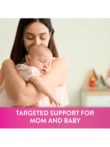 Young mother gently holds her sleeping baby. Graphic text reads: 'Targeted support for mom and baby'.