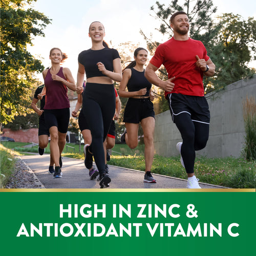 Young adults running outdoors with text: High in zinc and antioxidant vitamin C.