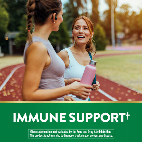 Two young women talking on a running track. Graphic: IMMUNE SUPPORT†. †FDA not evaluated; not intended to diagnose, treat, cure, prevent disease.
