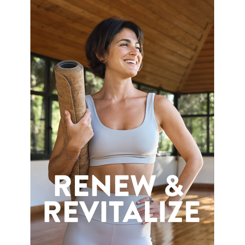 Smiling woman in activewear holding a rolled cork yoga mat in a studio. Text reads 'RENEW & REVITALIZE'.