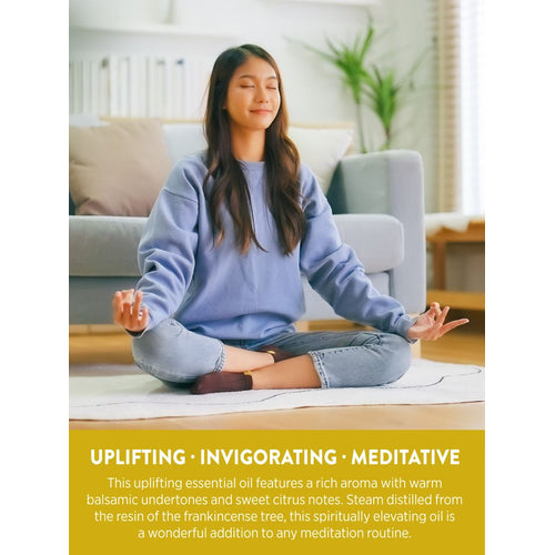 Young woman meditating with eyes closed and hands in mudra, graphic text: 'UPLIFTING • INVIGORATING • MEDITATIVE' for Frankincense Oil.