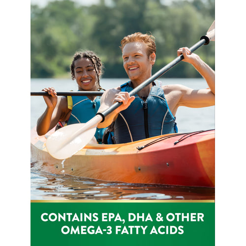 Young man and woman kayaking. Graphic says: CONTAINS EPA, DHA & OTHER OMEGA-3 FATTY ACIDS.