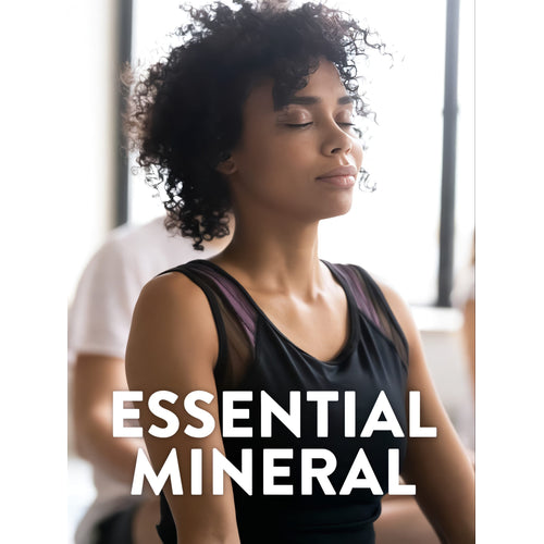 A young African American woman meditates with eyes closed, overlaid with 'ESSENTIAL MINERAL' text.