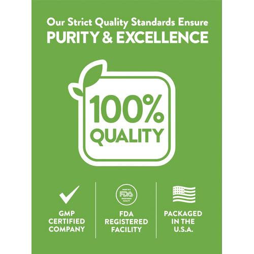 Infographic stating 100% Quality, GMP Certified Company, FDA Registered Facility, and Packaged in the U.S.A.