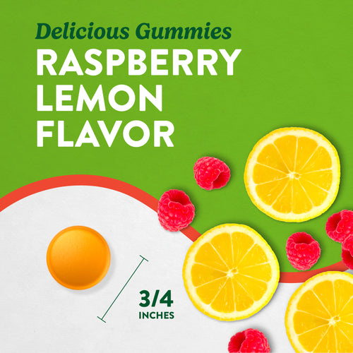 Gummy with raspberry lemon flavor, 3/4 inches, accompanied by fresh raspberries and lemon slices.