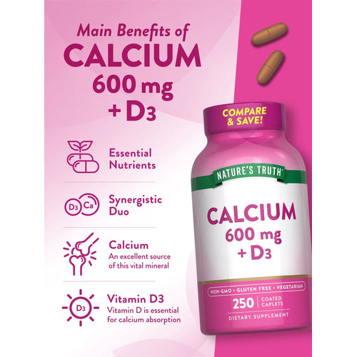 Product highlights graphic stating Essential Nutrients, Synergistic Duo, Calcium (vital mineral), Vitamin D3 (essential for calcium absorption)