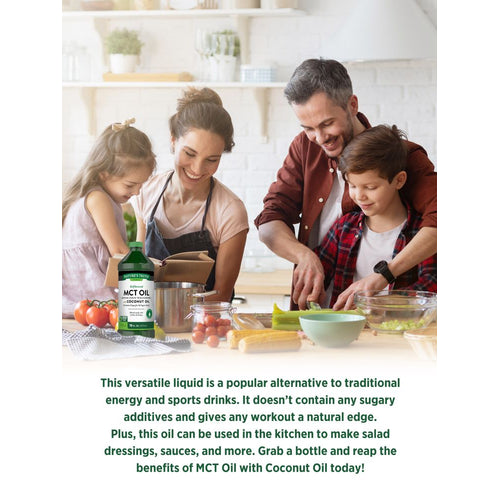 A family of four cooking in the kitchen with an MCT Oil Liquid bottle visible nearby.