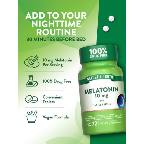 A hand holding two white Melatonin 10 mg tablets.