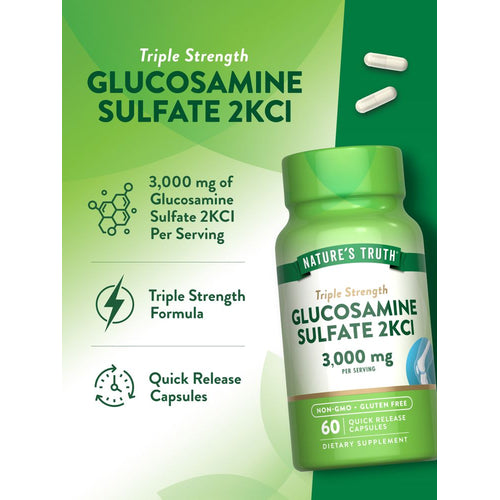 Two white Glucosamine Sulfate 2KCl capsules, 3,000 mg per serving, viewed on a hand scale.