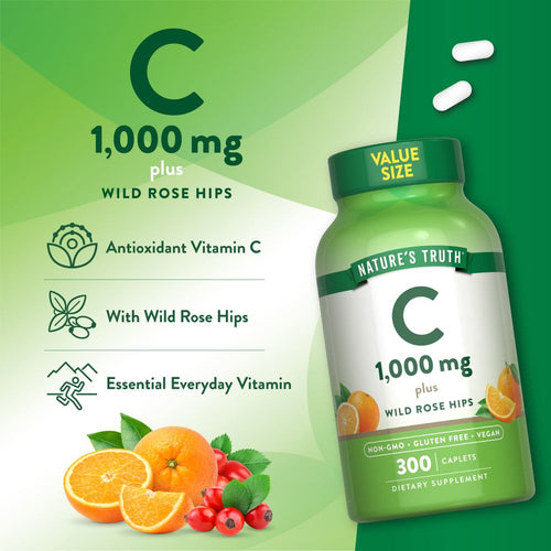 Two white caplets labeled 1,000 mg Vitamin C plus Wild Rose Hips.