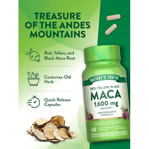 Two Maca 1,600 mg Quick Release Capsules next to dried red, yellow, and black Maca root slices.