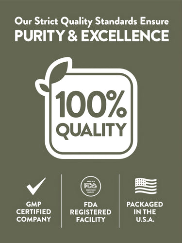 Infographic showing 100% Quality, GMP Certified Company, FDA Registered Facility, Packaged in the U.S.A.