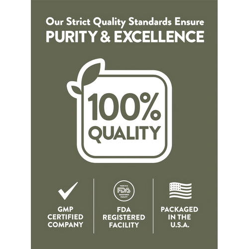 Infographic showing 100% Quality, GMP Certified Company, FDA Registered Facility, Packaged in the U.S.A.