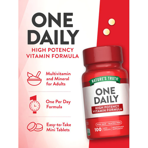 Nature's Truth One Daily High Potency Vitamin Formula, 100 mini tablets bottle with two tablets shown separately.