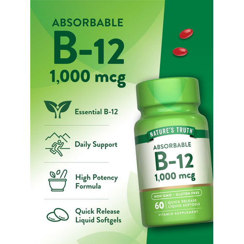 Two red Quick Release Liquid Softgels containing B-12, 1,000 mcg, displayed on a hand for size reference.