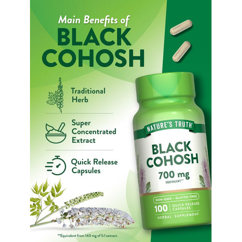 Two Black Cohosh 700 mg Equivalent Quick Release Capsules on a hand scale for size comparison.