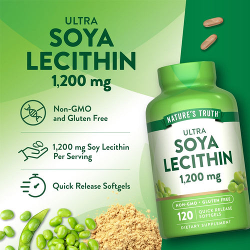 Hand holding two 1,200 mg Ultra Soya Lecithin Quick Release Softgels, showing size and shape of the supplements.