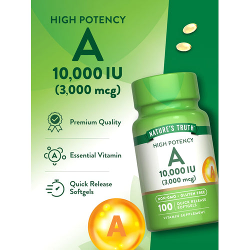 Softgels of Golden Vitamin A with 10,000 IU (3,000 mcg) shown on a hand scale.
