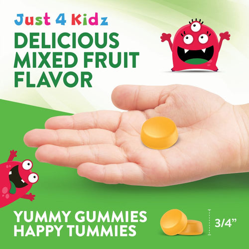 A bulk display of round yellow gummies, each about 3/4 inch in size, shown on a hand scale.