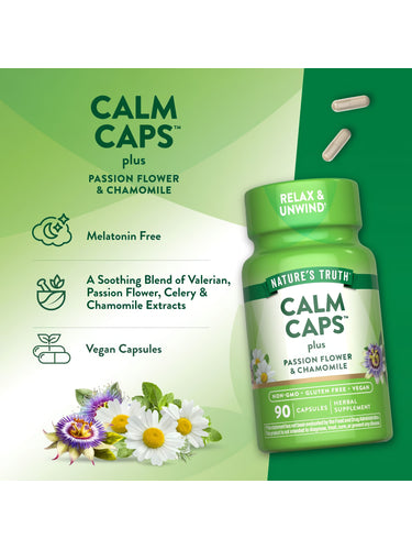 Bottle of Nature's Truth Calm Caps with three beige capsules, total 90 capsules, shown.