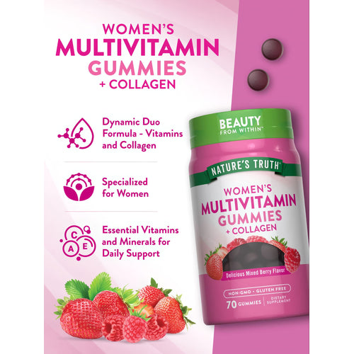 Dark red, mixed berry flavored Women's Multivitamin plus Collagen gummies, 70 count bottle shown on scale.