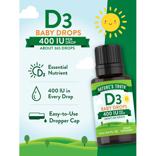 Nature's Truth D3 Baby Drops bottle, 400 IU per drop, 9.2 mL (0.31 FL. OZ.), approximately 365 drops.