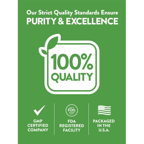 Infographic: Strict Quality Standards, Purity & Excellence, 100% Quality, GMP Certified, FDA Registered Facility, Packaged in U.S.A.