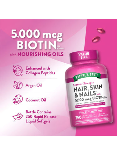 Two pink liquid softgels for Hair, Skin & Nails, each contains 5,000 mcg of Biotin per serving.