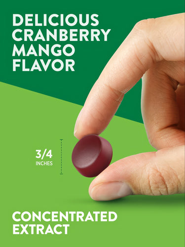 A 3/4 inch Cranberry Mango gummy with the text 'DELICIOUS CRANBERRY MANGO FLAVOR' and 'CONCENTRATED EXTRACT'.