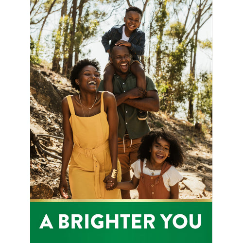 View 5 Family of four walking and laughing outdoors for Coconut Oil. Text: A BRIGHTER YOU.