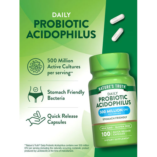 Two white quick release capsules for Daily Probiotic Acidophilus, 500 Million CFU per serving, shown on a bulk scale.