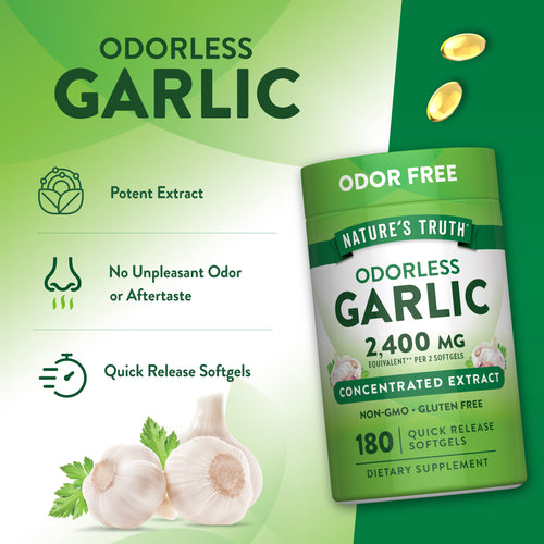 Product highlights graphic stating Potent Extract, No Unpleasant Odor or Aftertaste, Quick Release Softgels for benefits