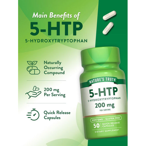 Two white quick release 5-HTP capsules, each 200 mg per serving, are displayed on a hand scale.