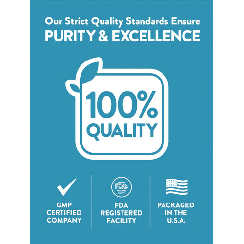 Infographic: Purity & Excellence with 100% QUALITY, GMP CERTIFIED COMPANY, FDA REGISTERED FACILITY, PACKAGED IN THE U.S.A.