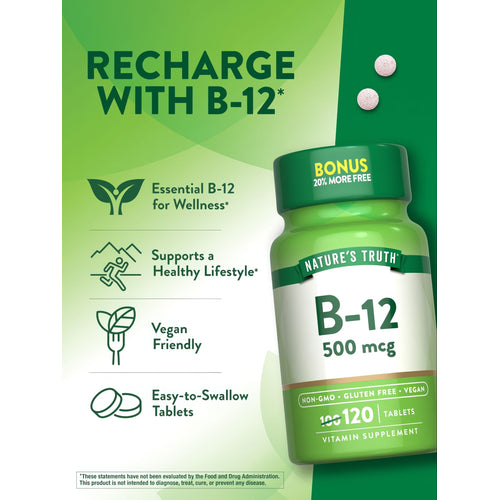 A hand holding two B-12 500 mcg tablets.