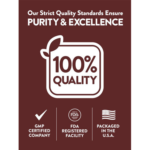 Infographic showing Purity & Excellence, 100% Quality, GMP Certified Company, FDA Registered Facility, Packaged in the U.S.A.