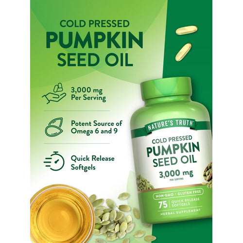 Bottles of Pumpkin Seed Oil 3,000 mg Quick Release Softgels resting on a hand scale.