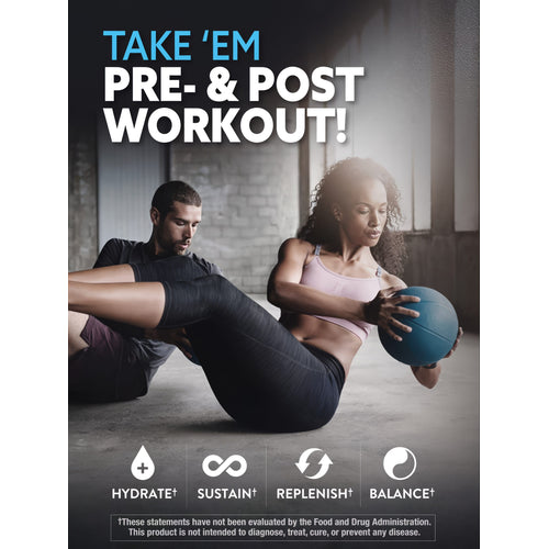 Man and woman exercising with text: 'TAKE 'EM PRE- & POST WORKOUT! HYDRATE, SUSTAIN, REPLENISH, BALANCE'.
