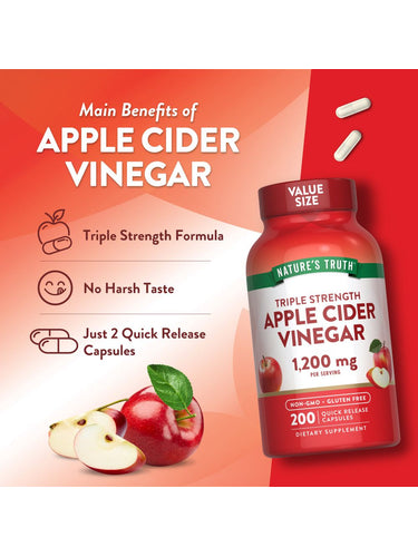 Two white Quick Release Capsules for Triple Strength Apple Cider Vinegar, 1,200 mg per serving shown on a scale.